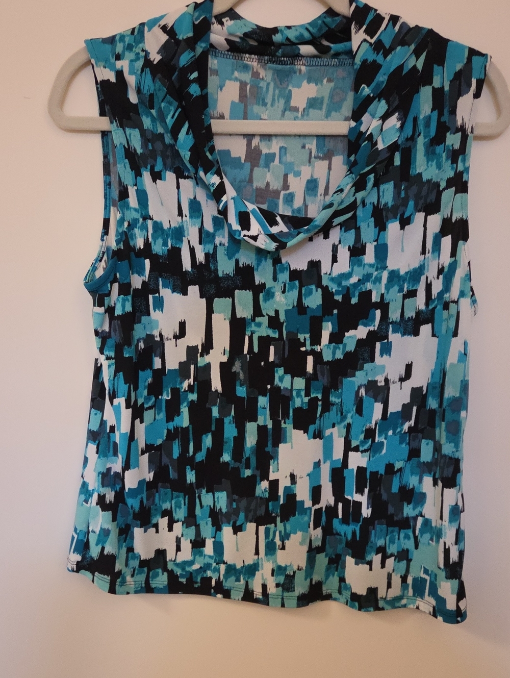 Jones New York Aqua, Teal, Black & White Sleeveless Cowl Neck Top